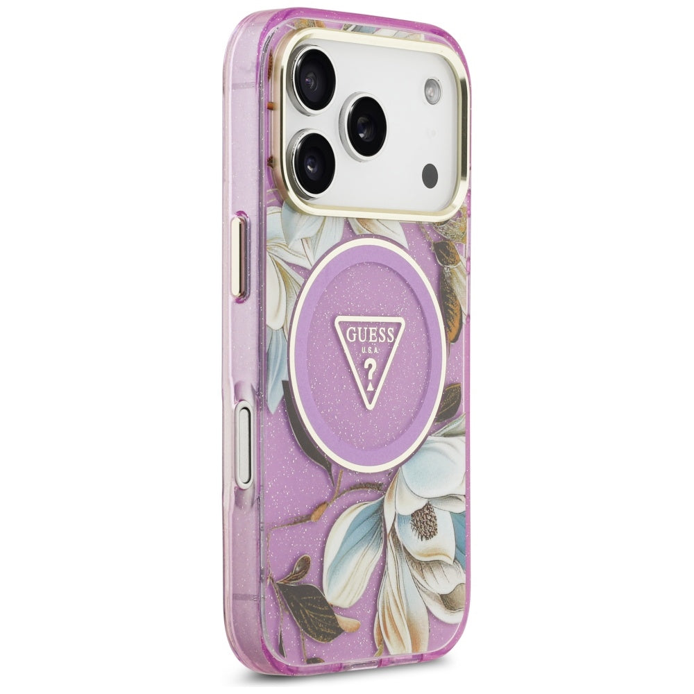 Husa MagSafe pentru Apple iPhone 17 Pro Max, Guess, IML Metal Glitter Flowers Triangle, Mov