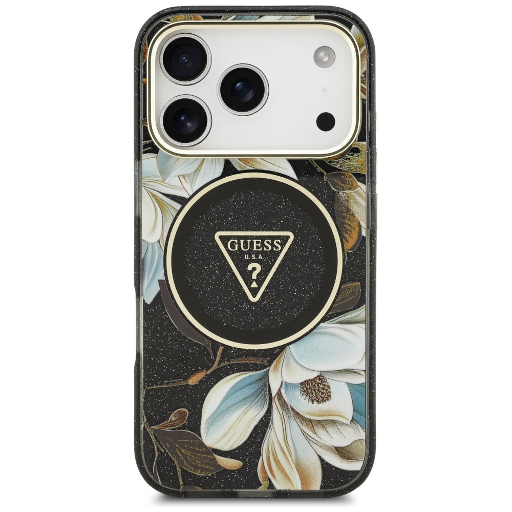 Husa MagSafe pentru Apple iPhone 17 Pro Max, Guess, IML Metal Glitter Flowers Triangle, Neagra