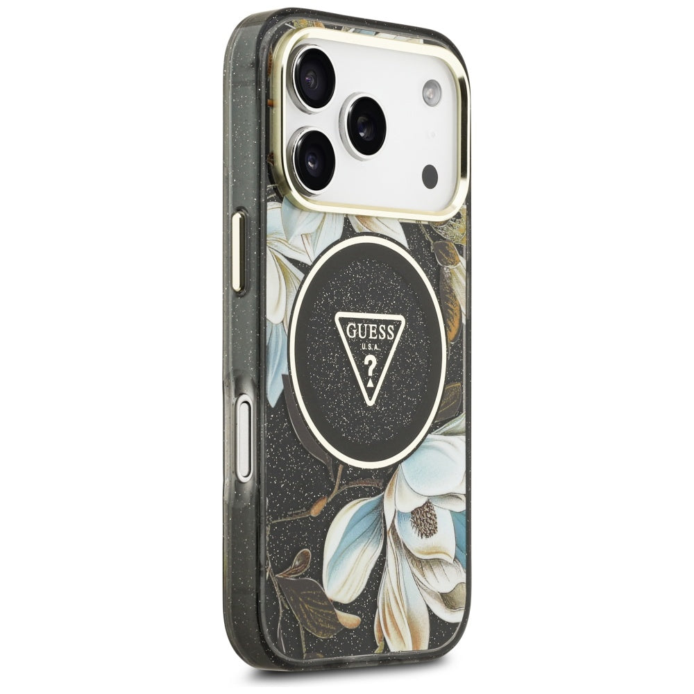 Husa MagSafe pentru Apple iPhone 17 Pro Max, Guess, IML Metal Glitter Flowers Triangle, Neagra