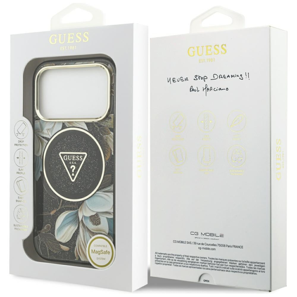 Husa MagSafe pentru Apple iPhone 17 Pro Max, Guess, IML Metal Glitter Flowers Triangle, Neagra