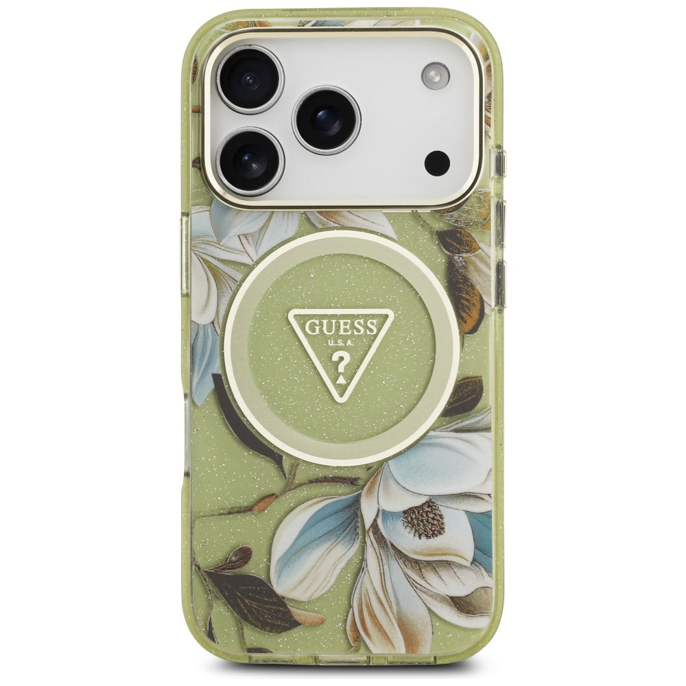 Husa MagSafe pentru Apple iPhone 17 Pro Max, Guess, IML Metal Glitter Flowers Triangle, Verde