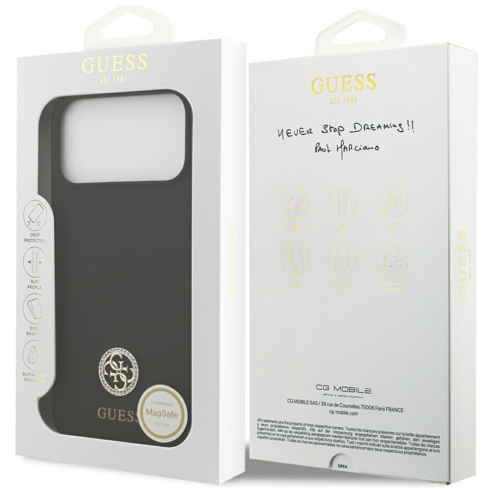 Husa MagSafe pentru Apple iPhone 17 Pro Max, Guess, Logo Strass 4G, Neagra