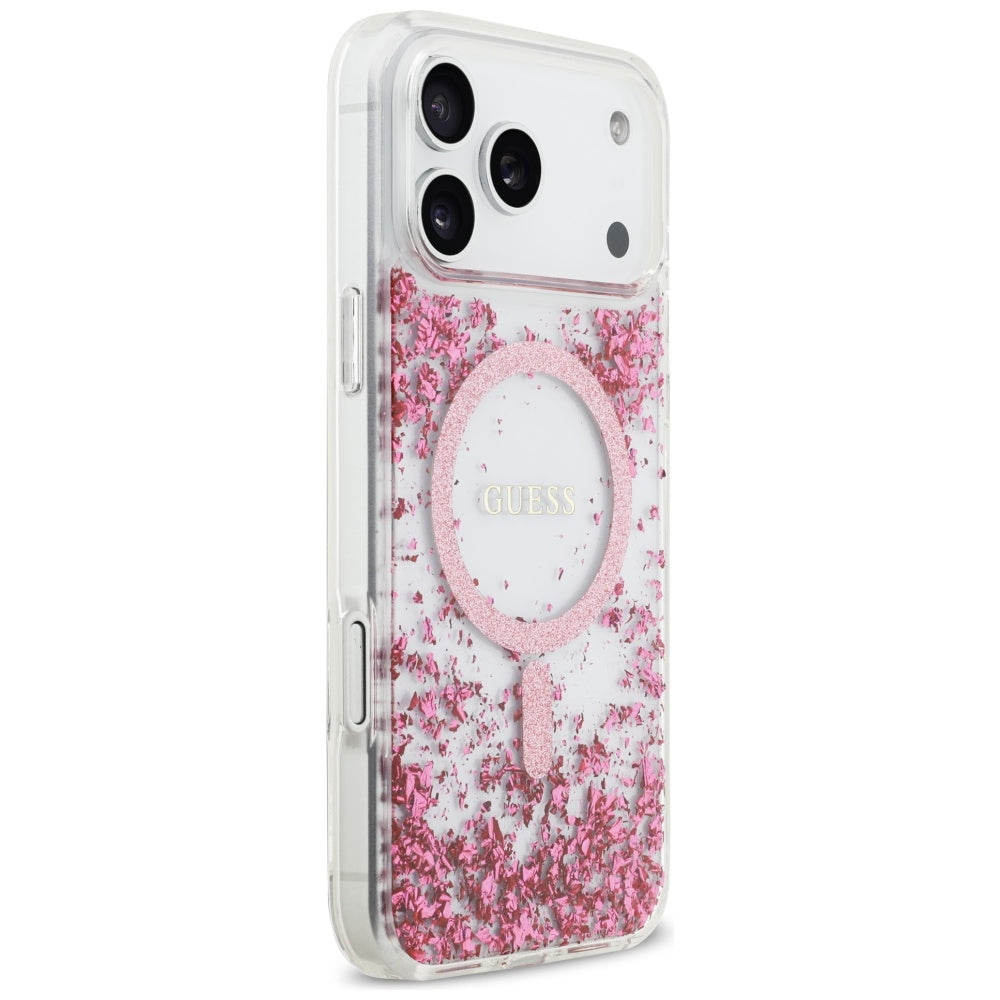 Husa MagSafe pentru Apple iPhone 17 Pro Max, Guess, Resin Bottom Glitter, Roz