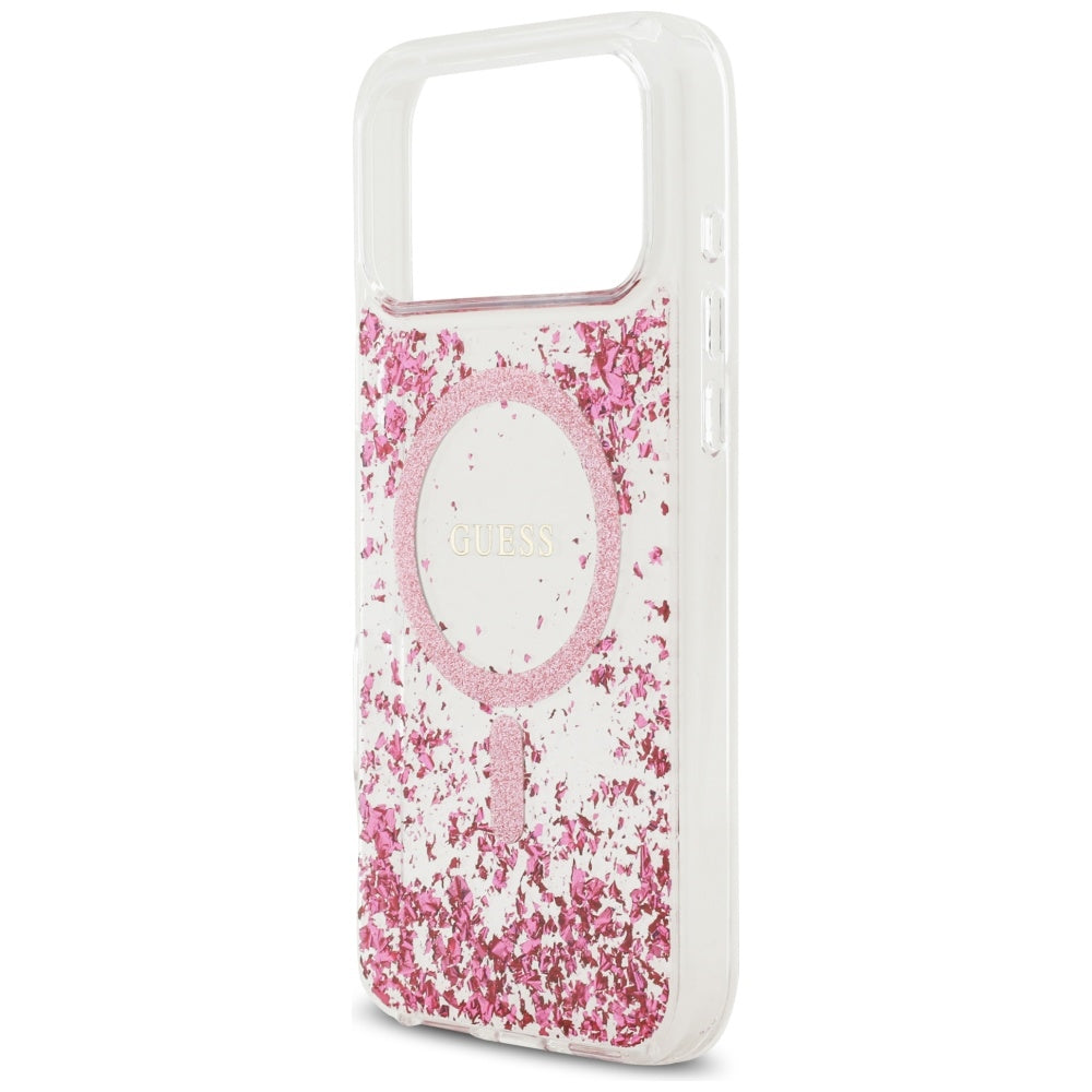 Husa MagSafe pentru Apple iPhone 17 Pro Max, Guess, Resin Bottom Glitter, Roz