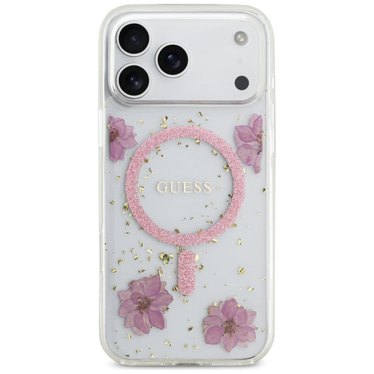 Husa MagSafe pentru Apple iPhone 17 Pro Max, Guess, Resin Flowers and Glitter, Roz