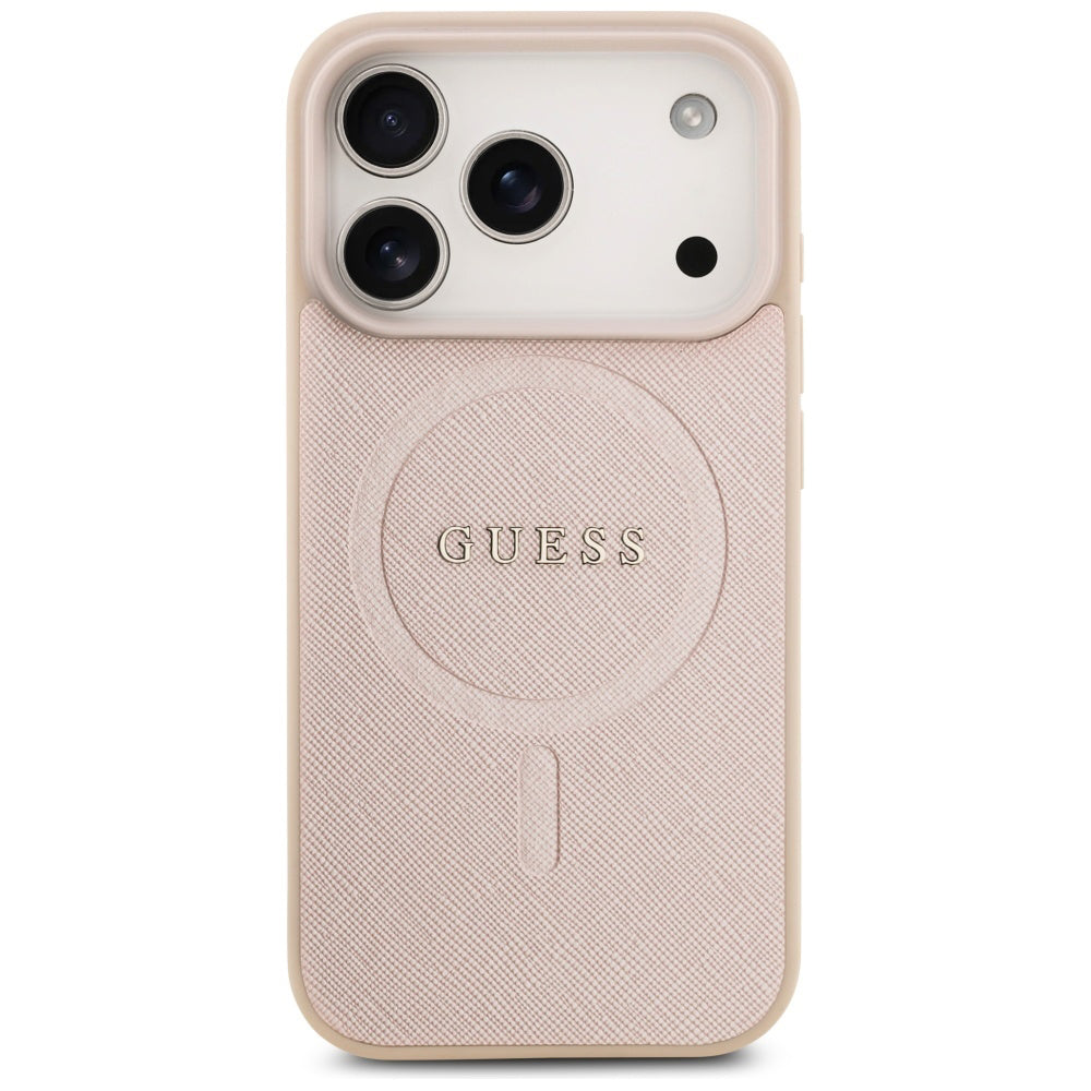 Husa MagSafe pentru Apple iPhone 17 Pro Max, Guess, Saffiano Classic Logo, Roz