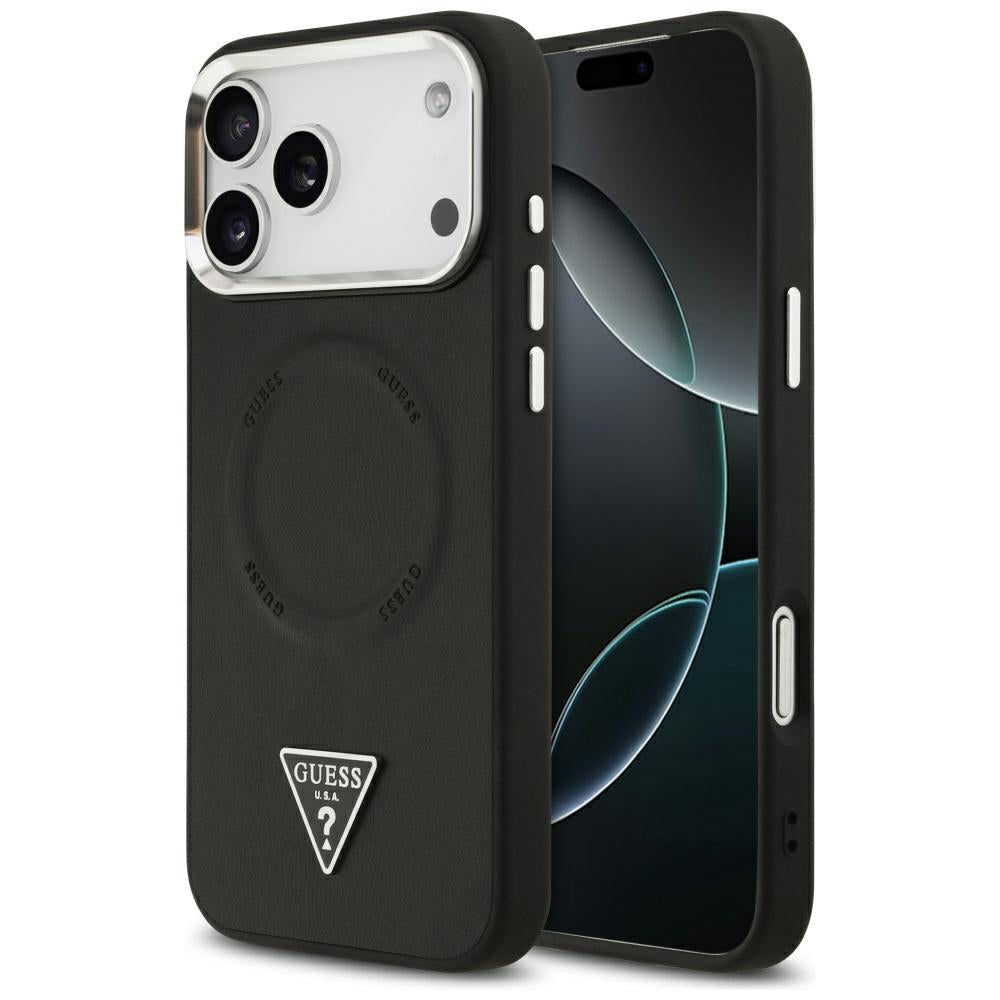 Husa MagSafe pentru Apple iPhone 17 Pro Max, Guess, Triangle Logo, Neagra Argintie