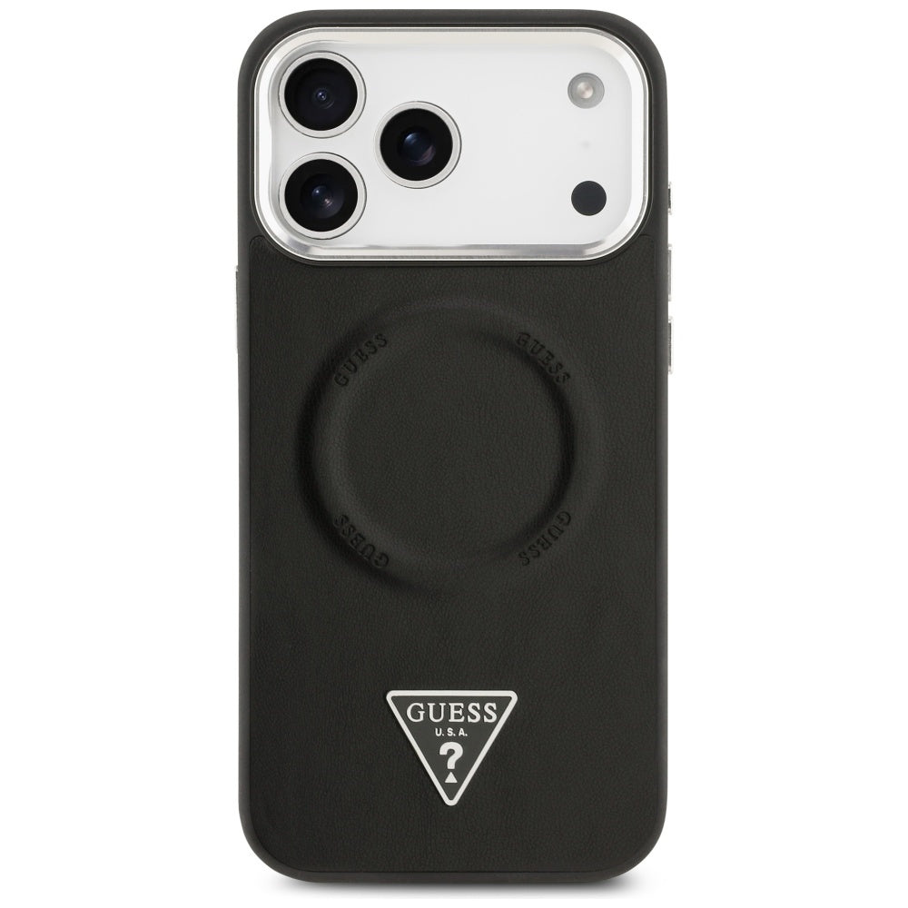 Husa MagSafe pentru Apple iPhone 17 Pro Max, Guess, Triangle Logo, Neagra Argintie