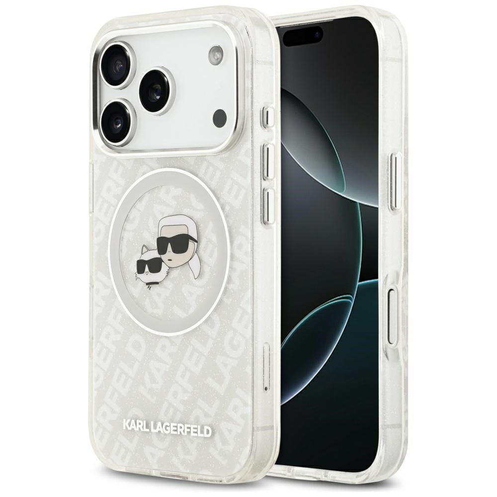 Husa MagSafe pentru Apple iPhone 17 Pro Max, Karl Lagerfeld, Glitter Karl & Choupette Head, Alba