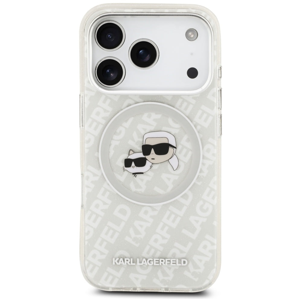 Husa MagSafe pentru Apple iPhone 17 Pro Max, Karl Lagerfeld, Glitter Karl & Choupette Head, Alba