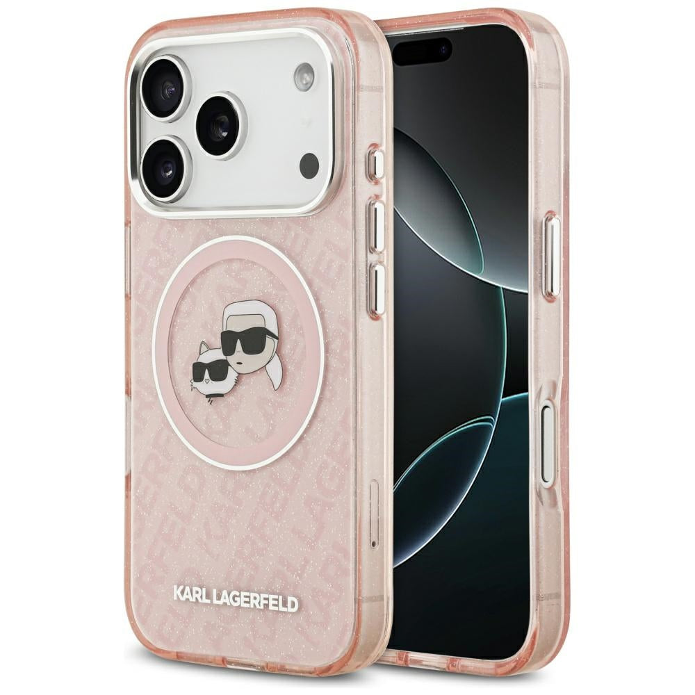Husa MagSafe pentru Apple iPhone 17 Pro Max, Karl Lagerfeld, Glitter Karl & Choupette Head, Roz
