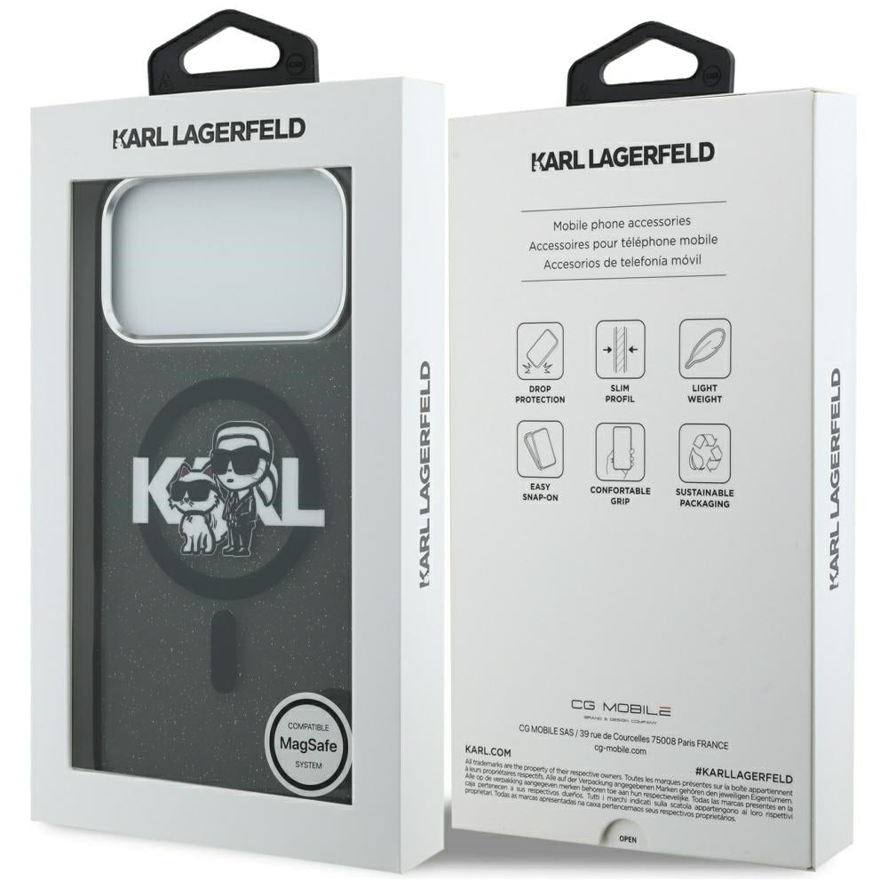 Husa MagSafe pentru Apple iPhone 17 Pro Max, Karl Lagerfeld, IML Sketch Logo Glitter Karl & Choupette , Neagra