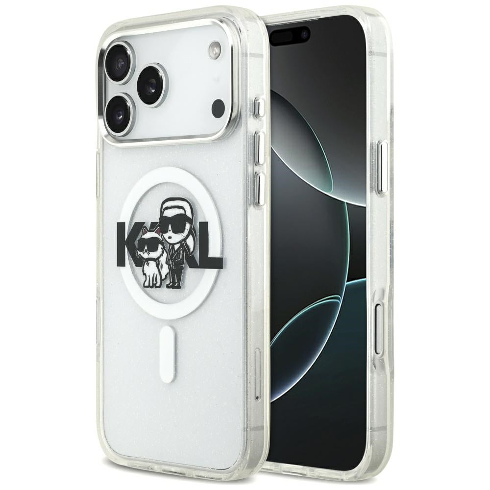 Husa MagSafe pentru Apple iPhone 17 Pro Max, Karl Lagerfeld, IML Sketch Logo Glitter Karl & Choupette, Transparenta