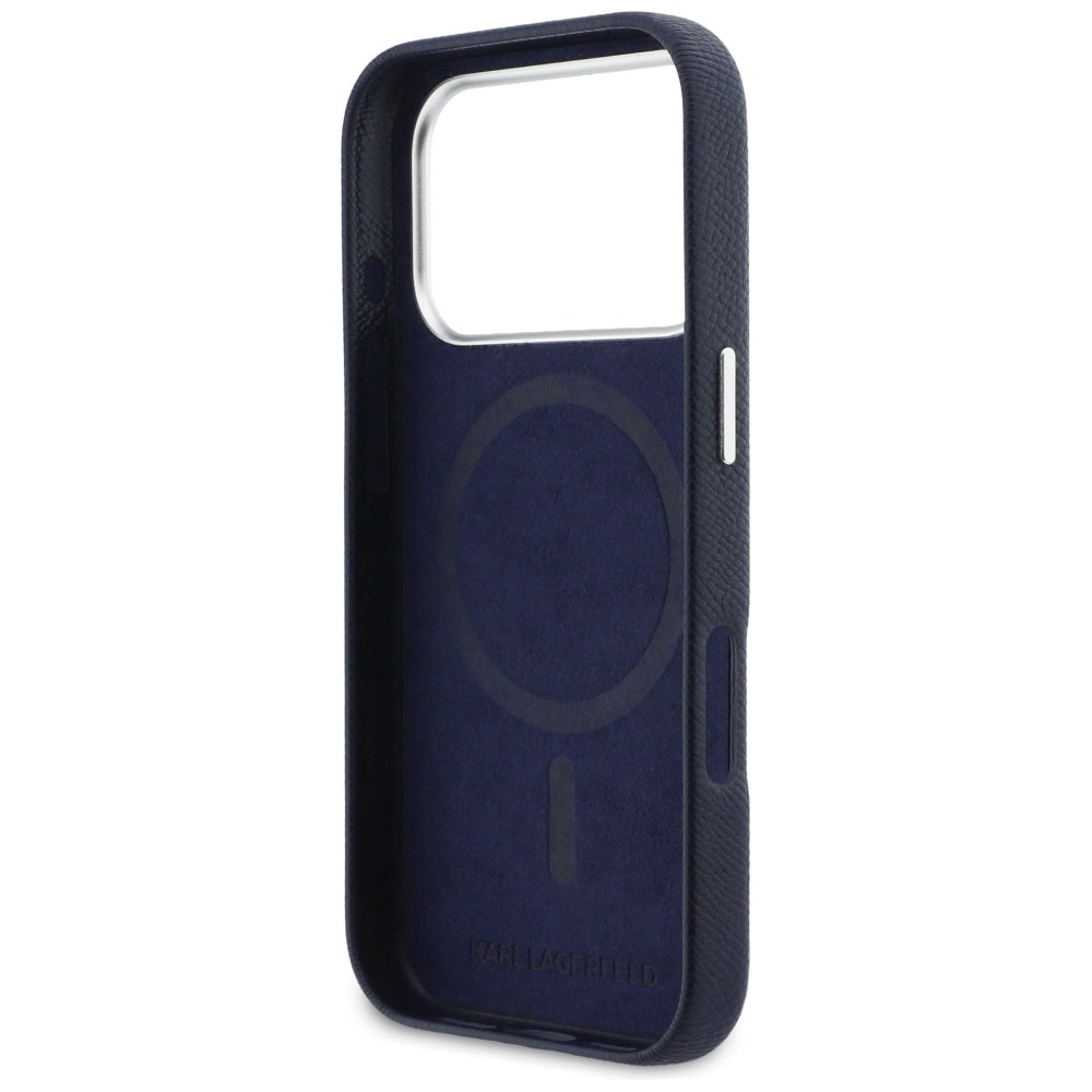 Husa MagSafe pentru Apple iPhone 17 Pro Max, Karl Lagerfeld, Saffiano Karl & Choupette Pins, Albastra