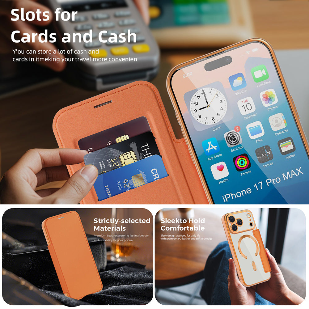 Husa MagSafe pentru Apple iPhone 17 Pro, Techsuit, SmartMag Book, Portocalie