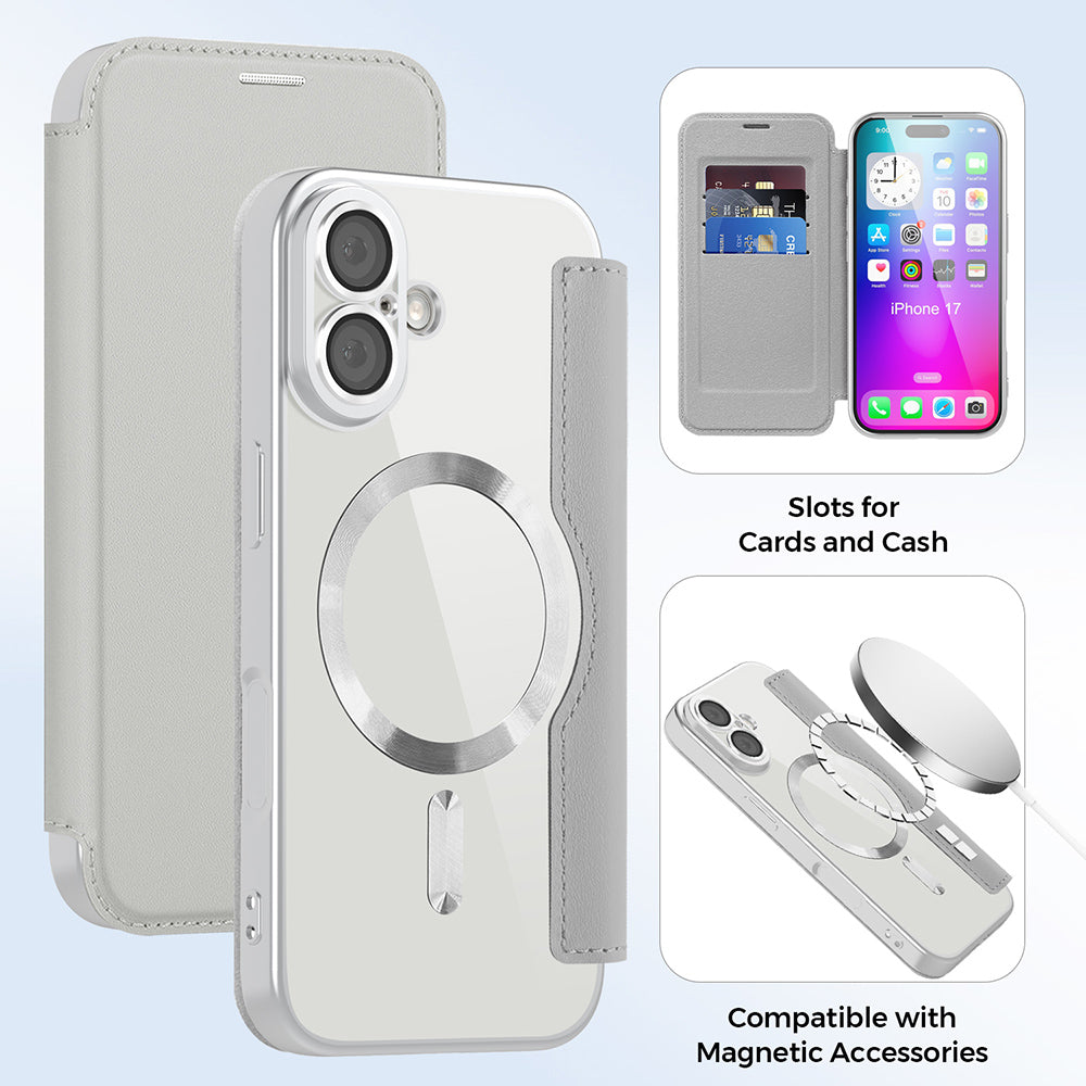 Husa MagSafe pentru Apple iPhone 17, Techsuit, SmartMag Book, Gri