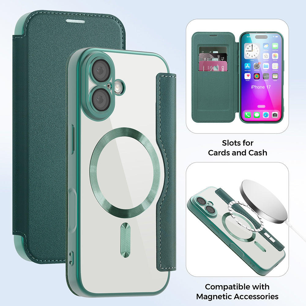 Husa MagSafe pentru Apple iPhone 17, Techsuit, SmartMag Book, Verde