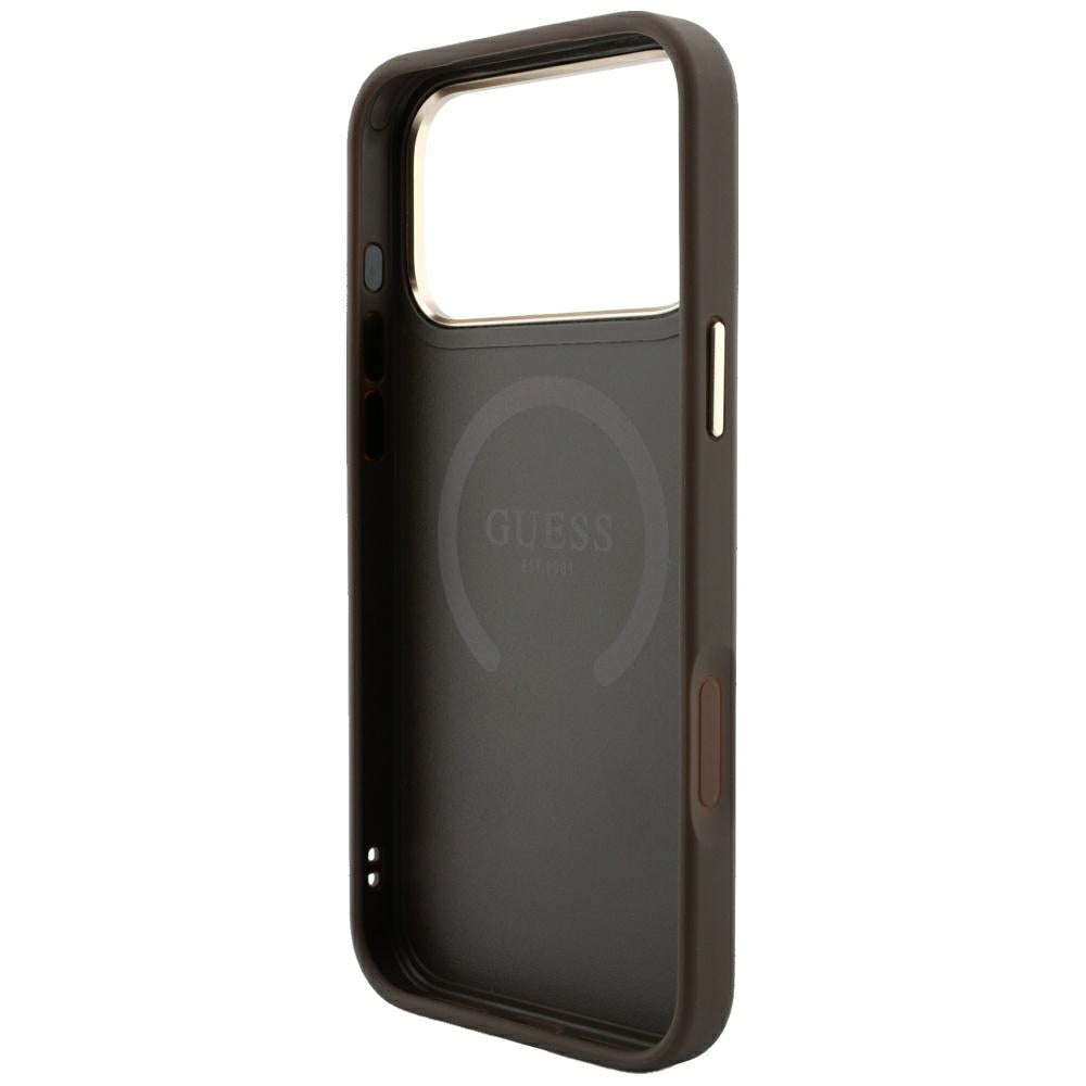 Husa MagSafe pentru Apple iPhone 18 Pro / 17 Pro, Guess, 4G Stripe Round Classic Logo, Maro
