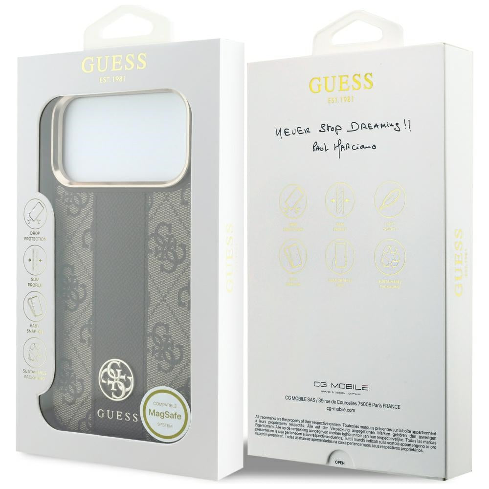 Husa MagSafe pentru Apple iPhone 18 Pro / 17 Pro, Guess, 4G Stripe Round Classic Logo, Maro