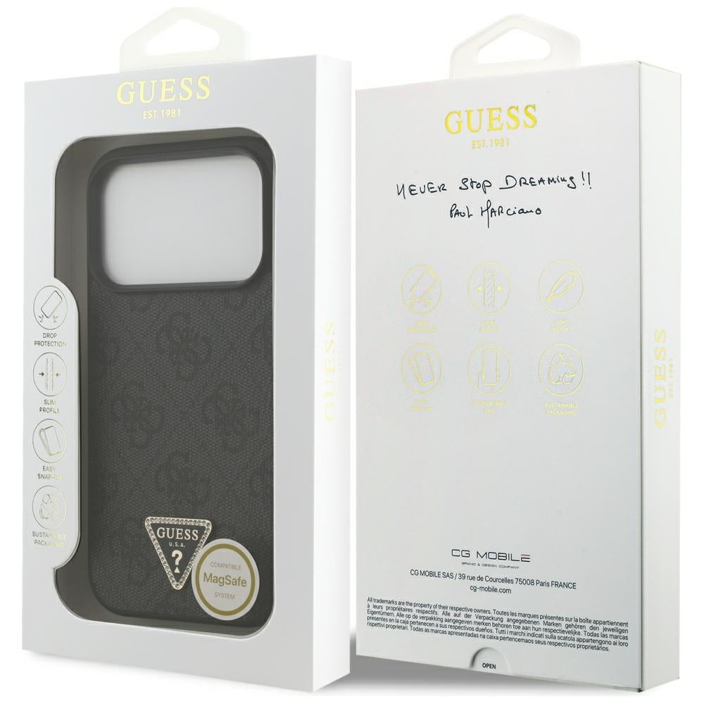 Husa MagSafe pentru Apple iPhone 18 Pro / 17 Pro, Guess, 4G Triangle Strass, Neagra