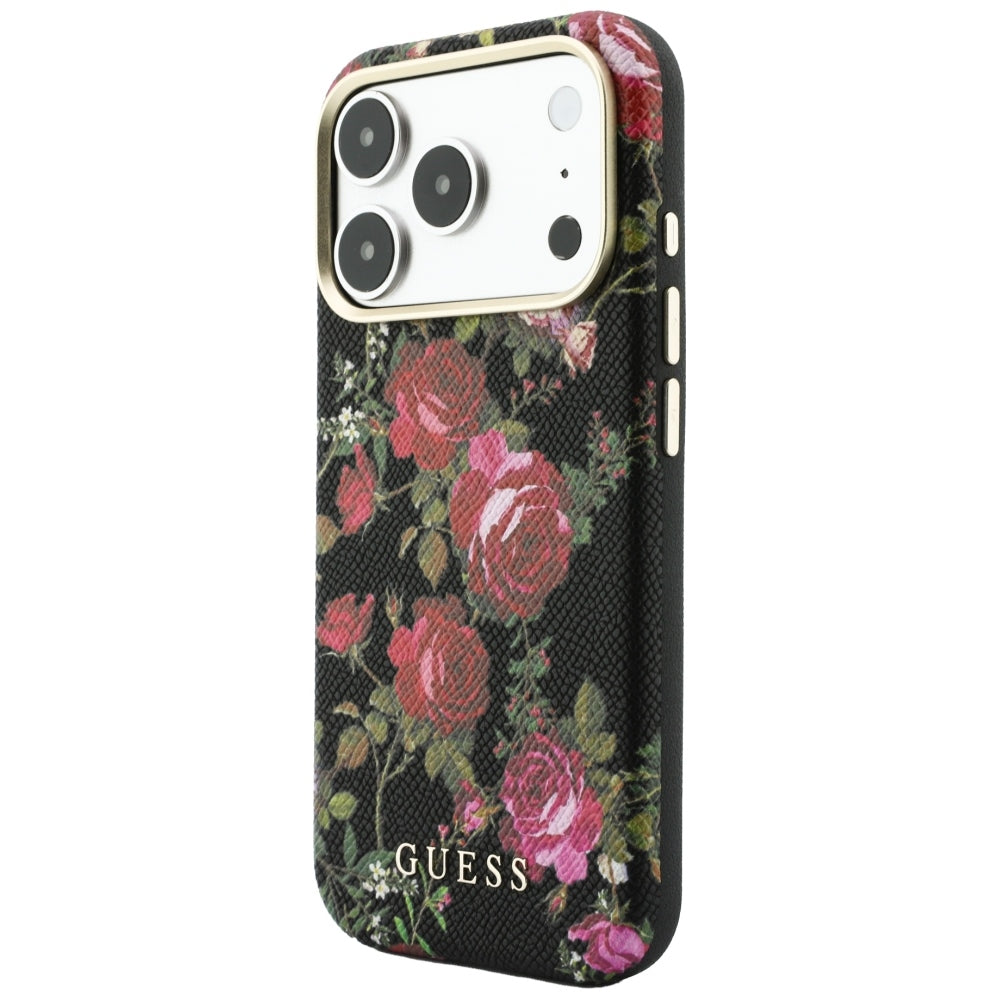 Husa MagSafe pentru Apple iPhone 18 Pro / 17 Pro, Guess, Blossom Roses Print, Neagra