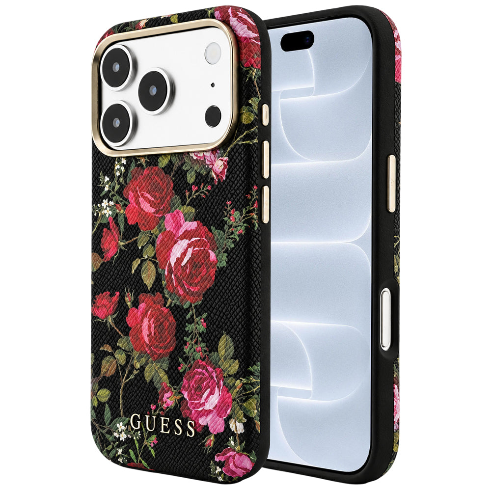 Husa MagSafe pentru Apple iPhone 18 Pro / 17 Pro, Guess, Blossom Roses Print, Neagra