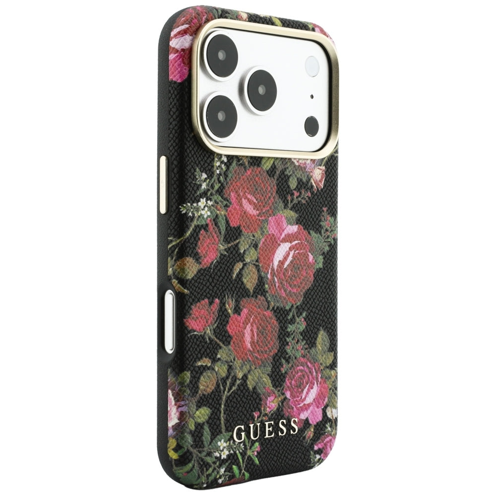 Husa MagSafe pentru Apple iPhone 18 Pro / 17 Pro, Guess, Blossom Roses Print, Neagra