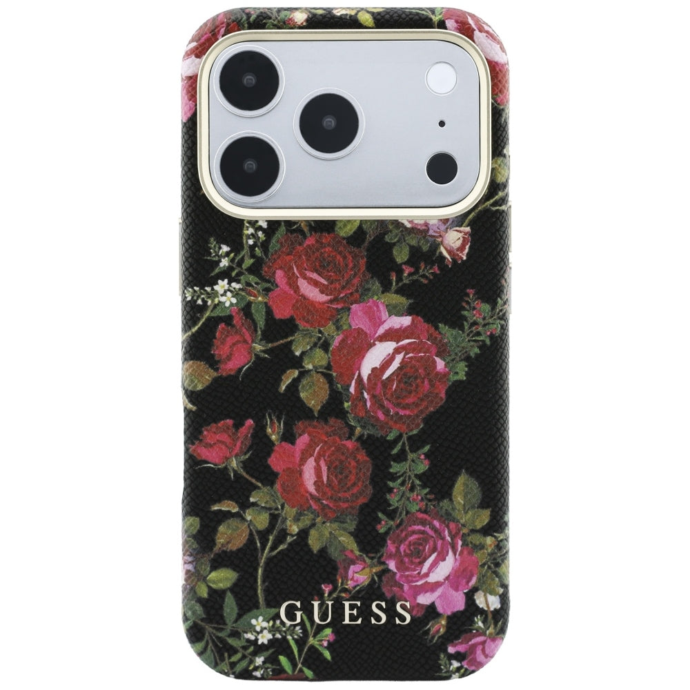 Husa MagSafe pentru Apple iPhone 18 Pro / 17 Pro, Guess, Blossom Roses Print, Neagra
