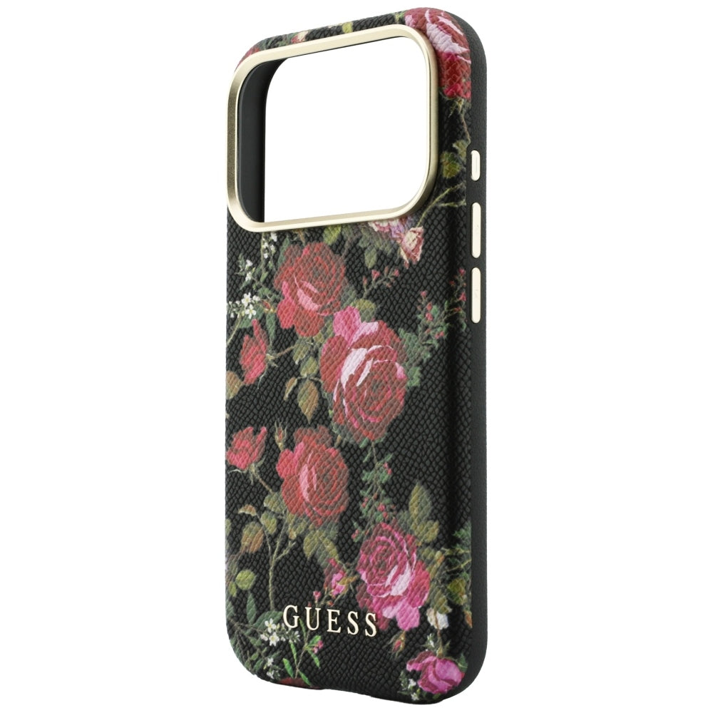 Husa MagSafe pentru Apple iPhone 18 Pro / 17 Pro, Guess, Blossom Roses Print, Neagra