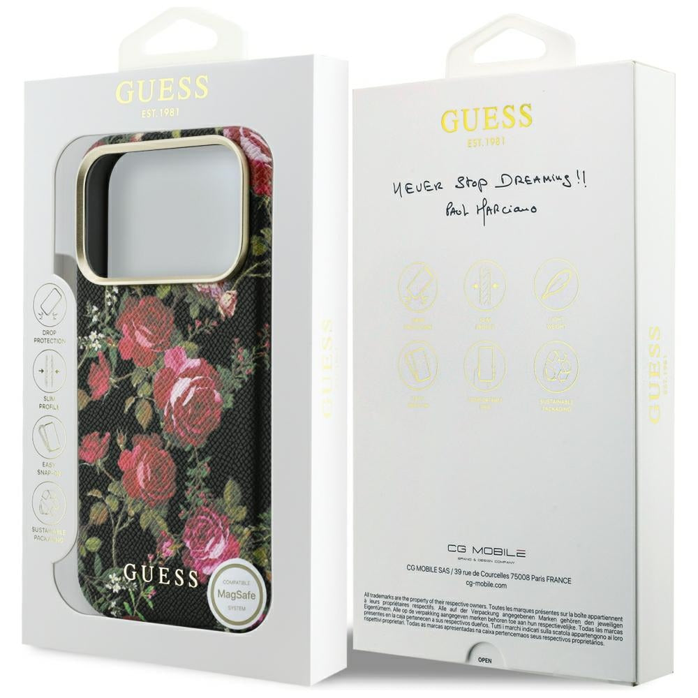 Husa MagSafe pentru Apple iPhone 18 Pro / 17 Pro, Guess, Blossom Roses Print, Neagra