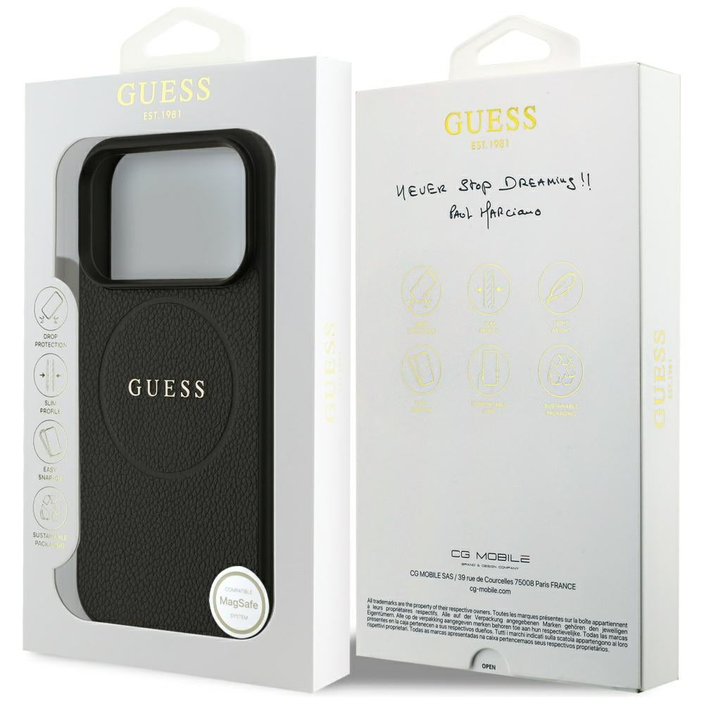 Husa MagSafe pentru Apple iPhone 18 Pro / 17 Pro, Guess, Grained Gold Ring, Neagra