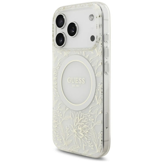 Husa MagSafe pentru Apple iPhone 18 Pro / 17 Pro, Guess, IML Flowers Electroplated with Pearl Strap, Alba