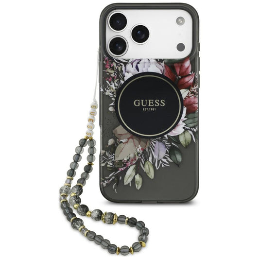 Husa MagSafe pentru Apple iPhone 18 Pro / 17 Pro, Guess, IML Flowers with Pearl Strap, Neagra
