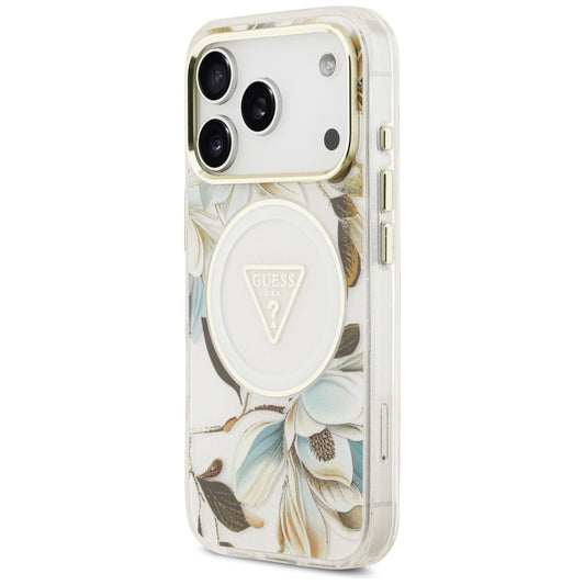 Husa MagSafe pentru Apple iPhone 18 Pro / 17 Pro, Guess, IML Metal Glitter Flowers Triangle, Alba