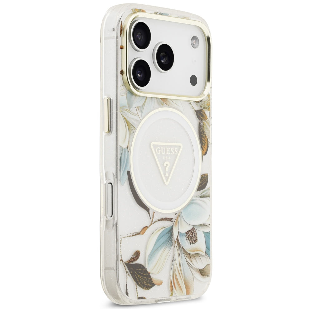 Husa MagSafe pentru Apple iPhone 18 Pro / 17 Pro, Guess, IML Metal Glitter Flowers Triangle, Alba