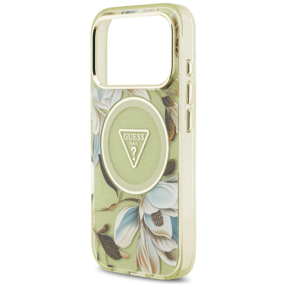 Husa MagSafe pentru Apple iPhone 18 Pro / 17 Pro, Guess, IML Metal Glitter Flowers Triangle, Verde