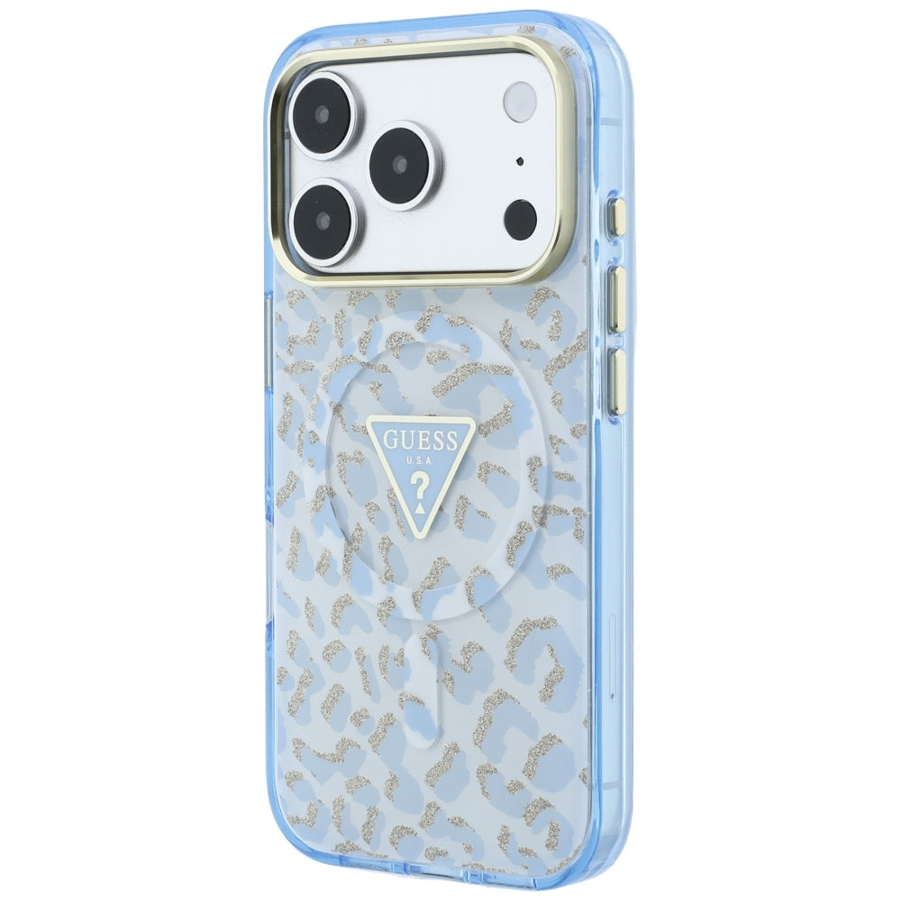 Husa MagSafe pentru Apple iPhone 18 Pro / 17 Pro, Guess, Leopard Glitter Triangle Logo, Bleu