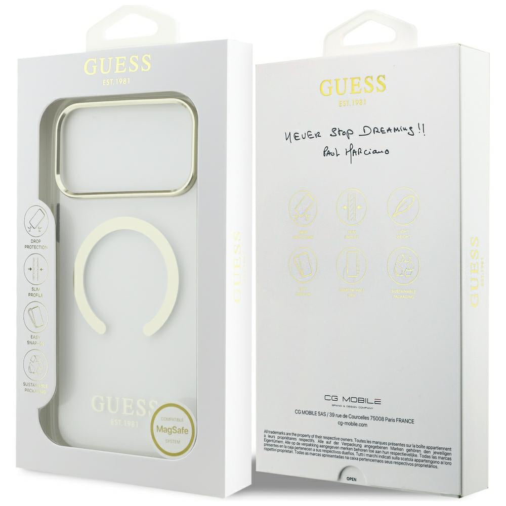 Husa MagSafe pentru Apple iPhone 18 Pro / 17 Pro, Guess, Metal Outline, Aurie