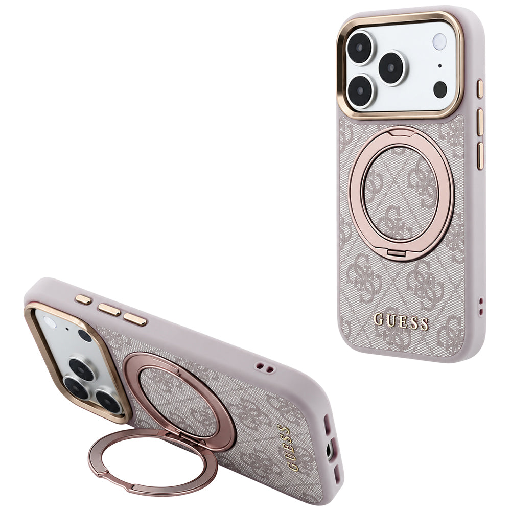 Husa MagSafe pentru Apple iPhone 18 Pro / 17 Pro, Guess, Ring Stand 360 4G Classic Logo, Roz