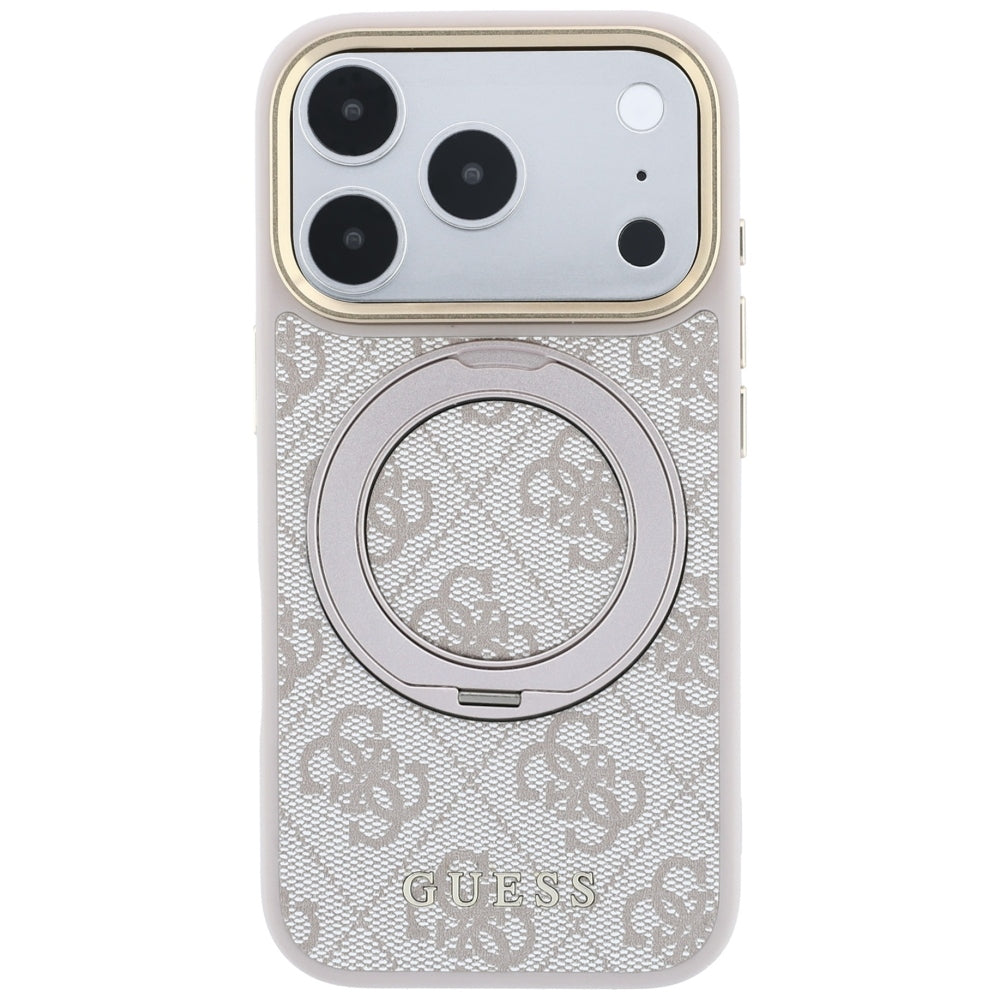 Husa MagSafe pentru Apple iPhone 18 Pro / 17 Pro, Guess, Ring Stand 360 4G Classic Logo, Roz