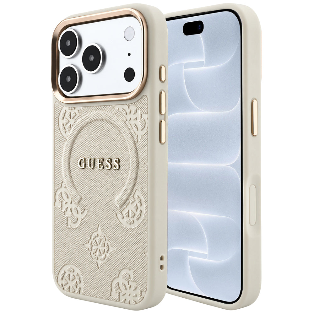Husa MagSafe pentru Apple iPhone 18 Pro / 17 Pro, Guess, Saffiano Peony Ring, Bej