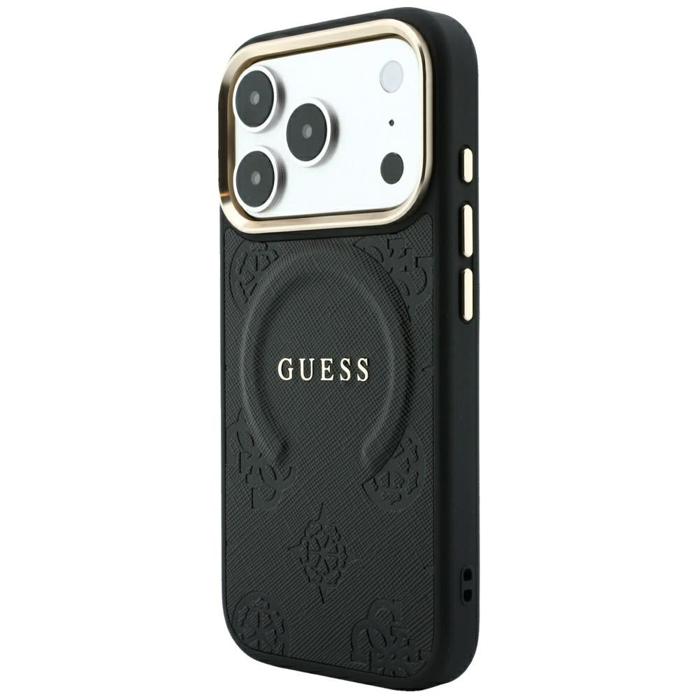 Husa MagSafe pentru Apple iPhone 18 Pro / 17 Pro, Guess, Saffiano Peony Ring, Neagra