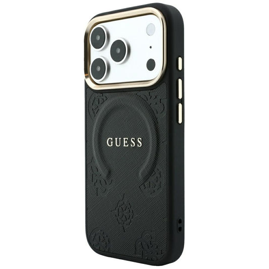 Husa MagSafe pentru Apple iPhone 18 Pro / 17 Pro, Guess, Saffiano Peony Ring, Neagra