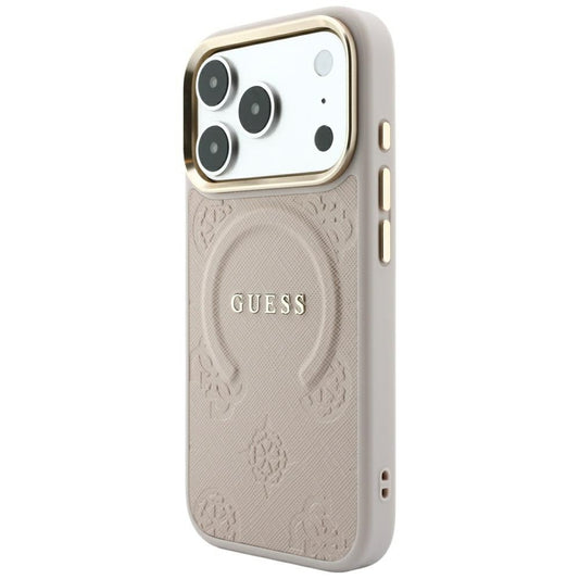 Husa MagSafe pentru Apple iPhone 18 Pro / 17 Pro, Guess, Saffiano Peony Ring, Roz