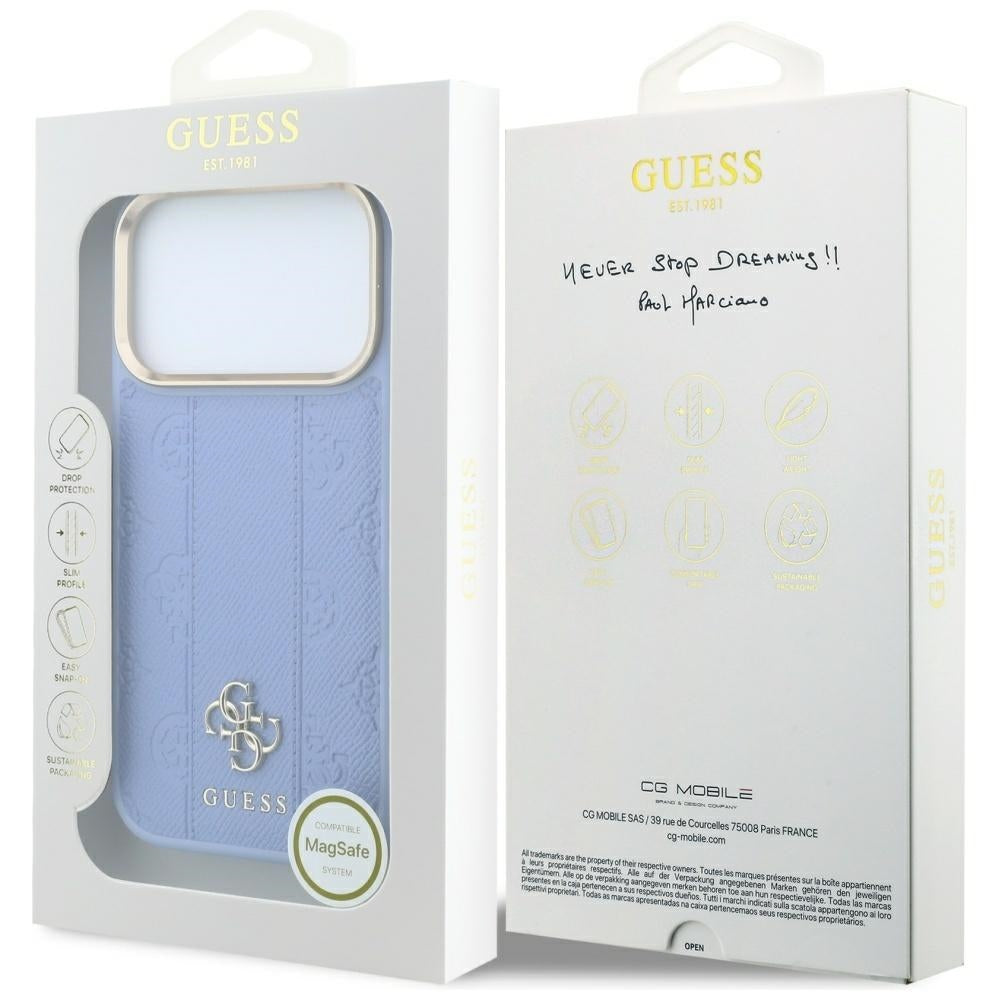Husa MagSafe pentru Apple iPhone 18 Pro / 17 Pro, Guess, Stripe Peony 4G, Bleu