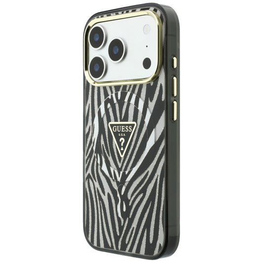 Husa MagSafe pentru Apple iPhone 18 Pro / 17 Pro, Guess, Zebra Glitter Triangle Logo, Argintie