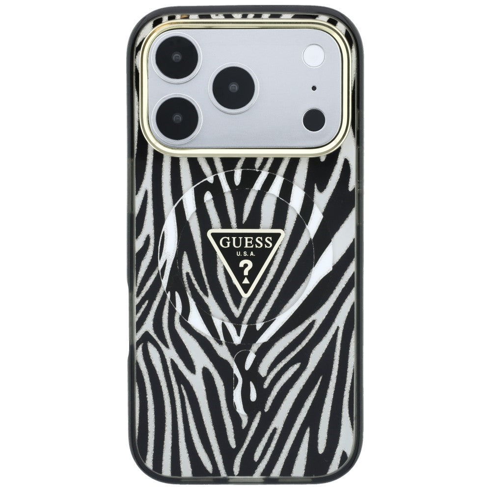 Husa MagSafe pentru Apple iPhone 18 Pro / 17 Pro, Guess, Zebra Glitter Triangle Logo, Argintie