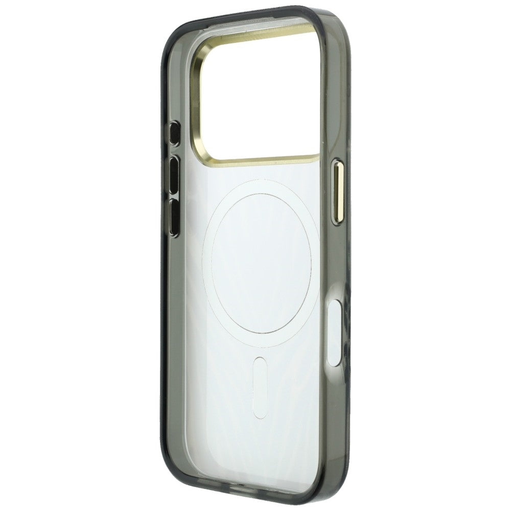 Husa MagSafe pentru Apple iPhone 18 Pro / 17 Pro, Guess, Zebra Glitter Triangle Logo, Argintie