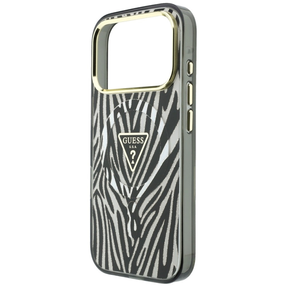 Husa MagSafe pentru Apple iPhone 18 Pro / 17 Pro, Guess, Zebra Glitter Triangle Logo, Argintie
