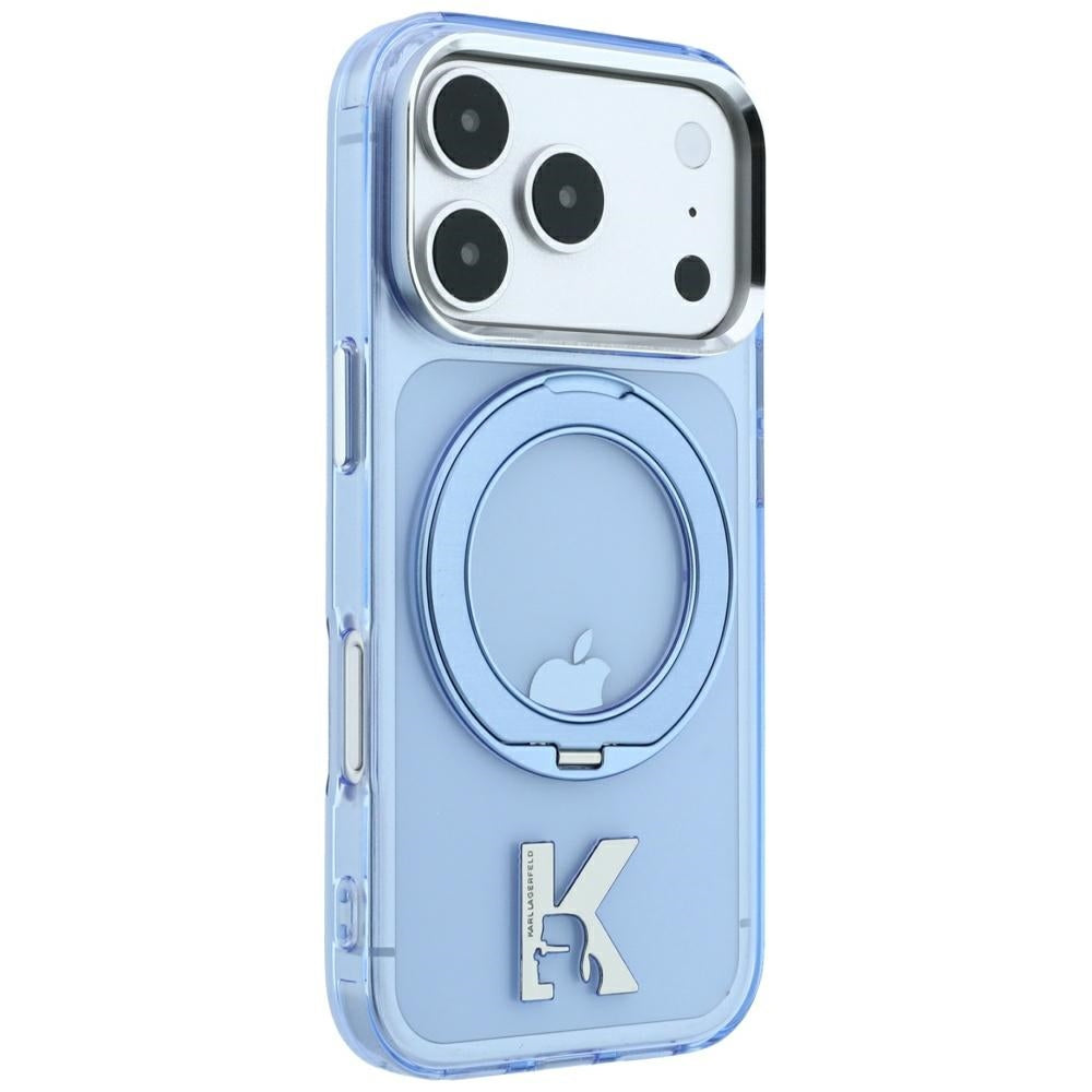 Husa MagSafe pentru Apple iPhone 18 Pro / 17 Pro, Karl Lagerfeld, IML Ring Stand Kameo Metal, Albastra